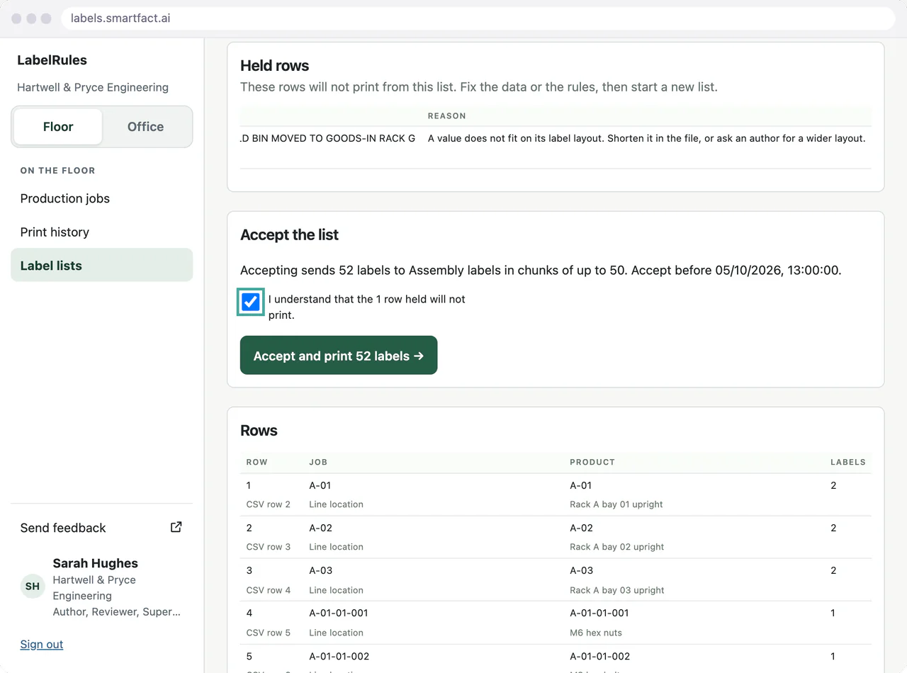 Accept the list: the held row acknowledged, and the button to accept and print 52 labels