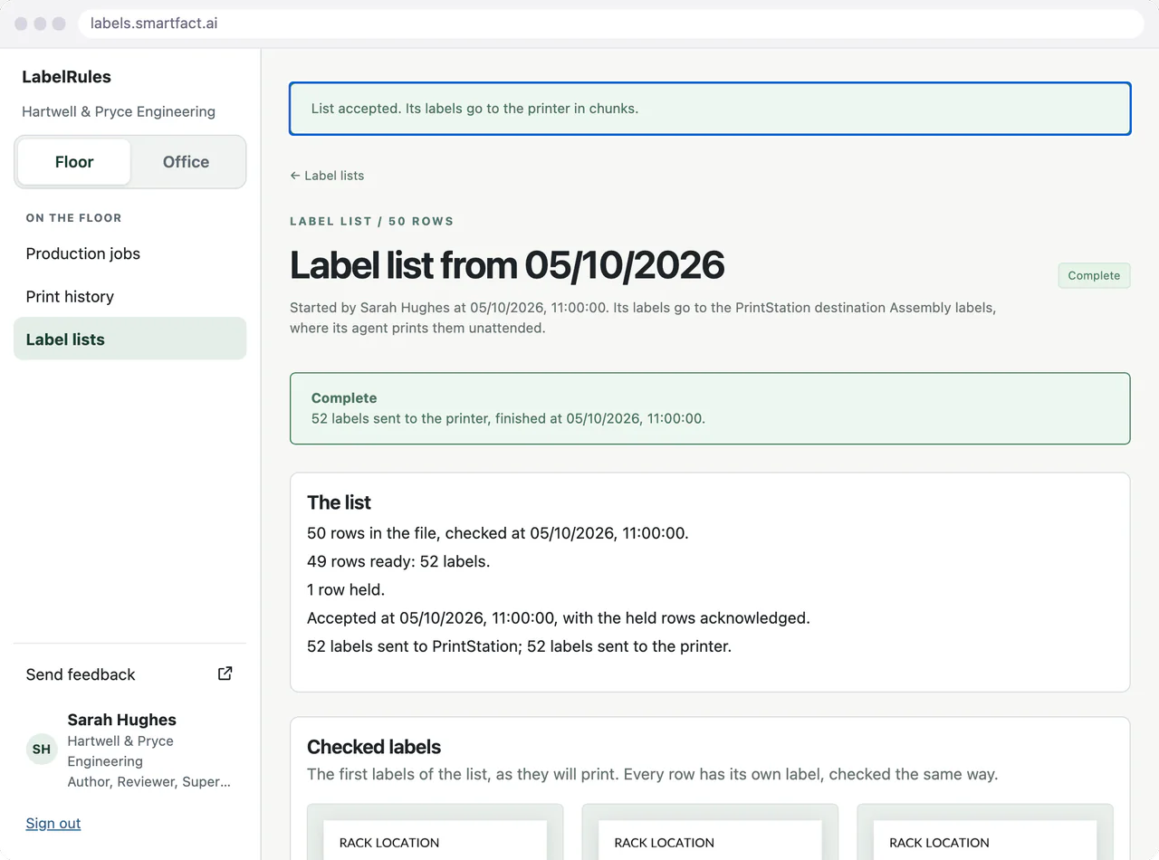 The accepted list, complete: 50 rows in the file, 49 ready as 52 labels and one held, accepted with the held row acknowledged, and all 52 labels sent through PrintStation to the printer