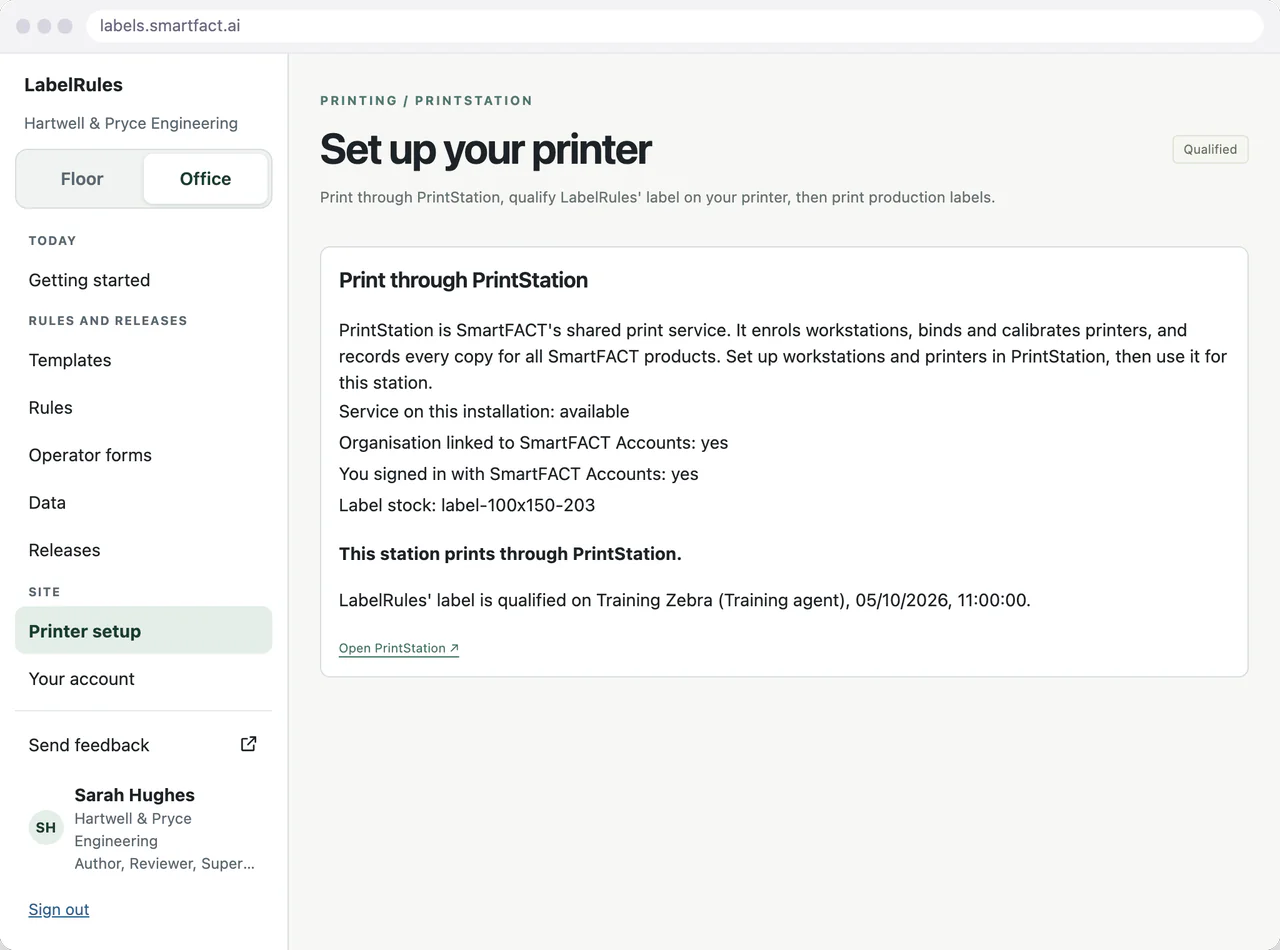 LabelRules printer setup in the office browser, marked Qualified: the station prints through PrintStation, and LabelRules’ label is qualified on the Training Zebra printer