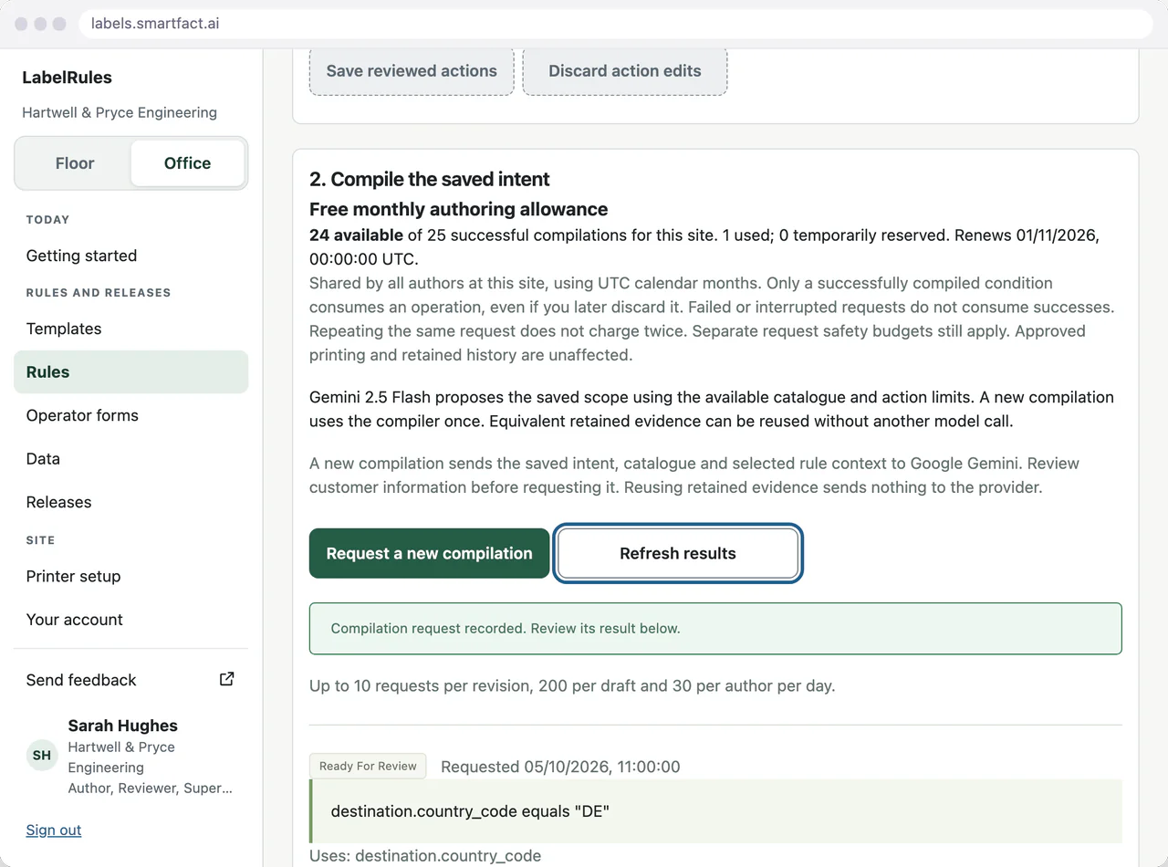 LabelRules rule compilation in the office browser: the compilation request recorded, and the proposed condition destination.country_code equals "DE" marked Ready For Review