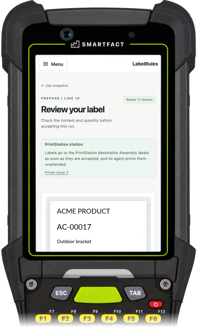 LabelRules station showing the label prepared for review, ready to accept, with the Acme label preview beginning ACME PRODUCT, AC-00017