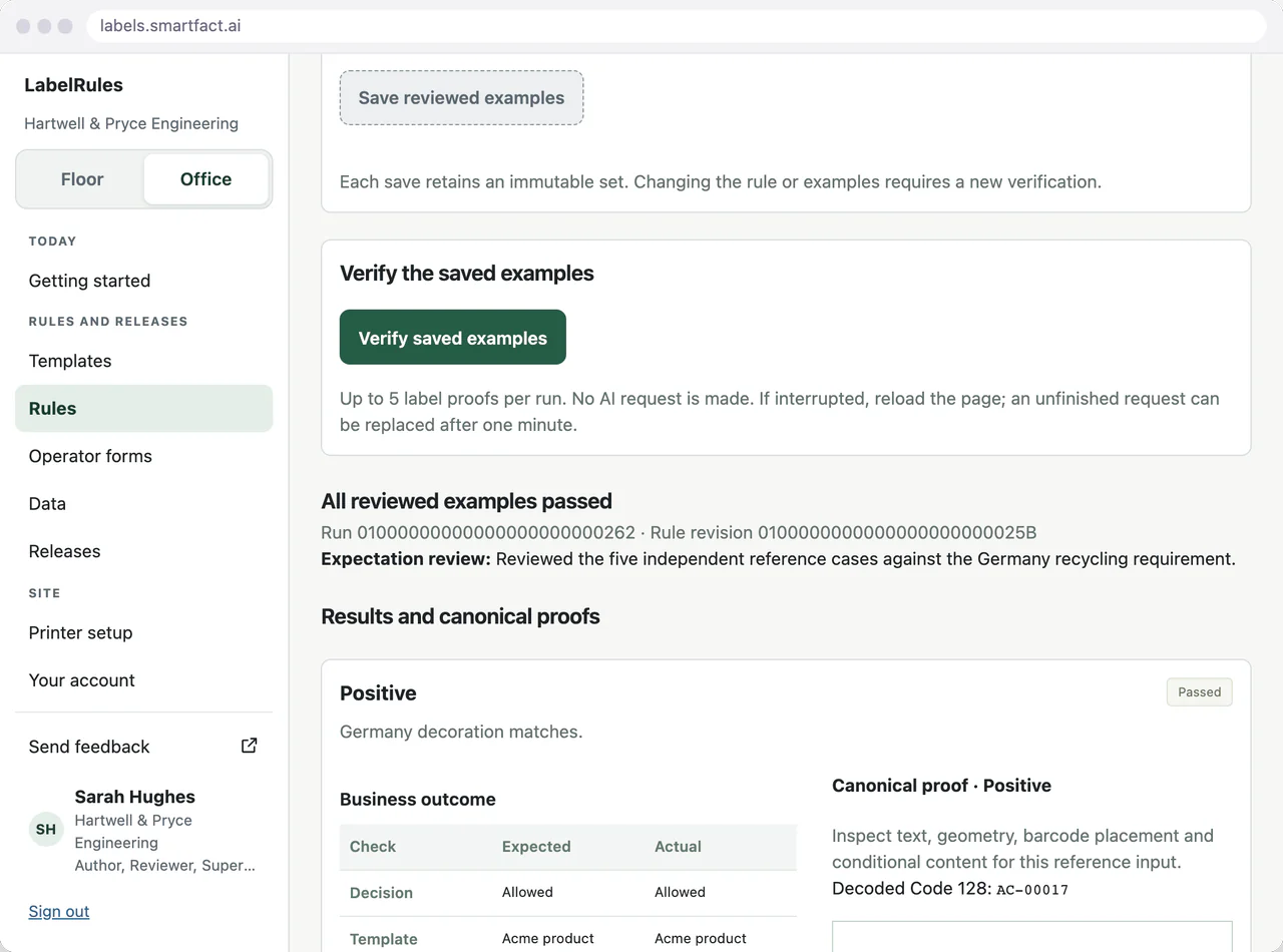 LabelRules rule examples: all reviewed examples passed, with each case’s expected and actual outcome and its label proof