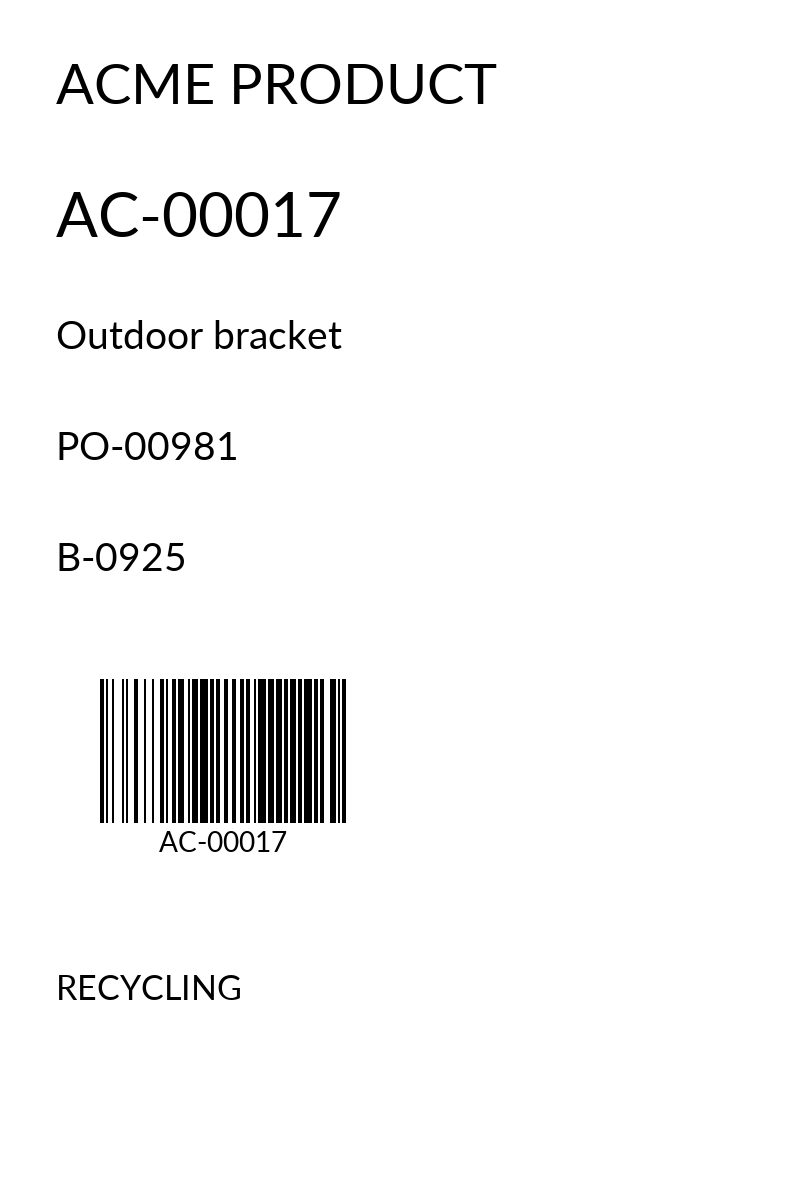 Rendered Acme label showing AC-00017, Outdoor bracket, purchase order PO-00981, batch B-0925 and a Code 128 barcode